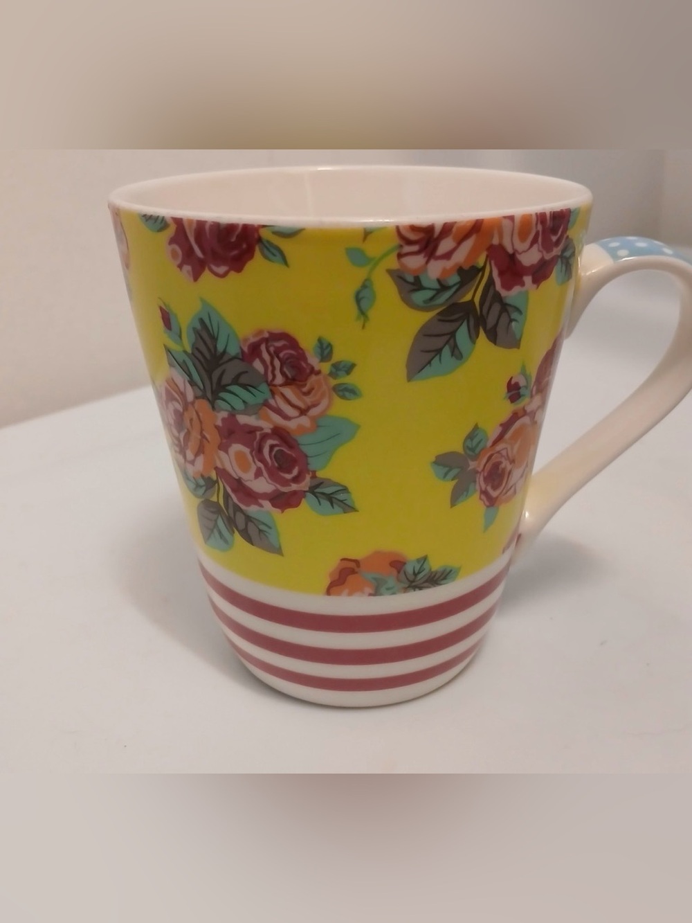 Matilda Jane Yellow Rose Teal Polka Dot Stoneware Coffee Mug Tea Cup